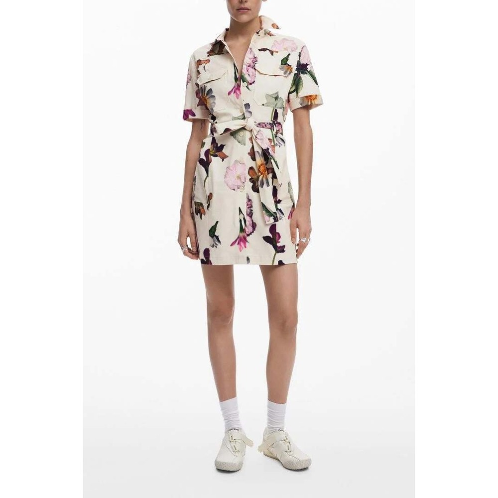 Desigual Floral Corduroy Shirt Dress Womens S Cream Belted Mini 25SWW13 EXCL